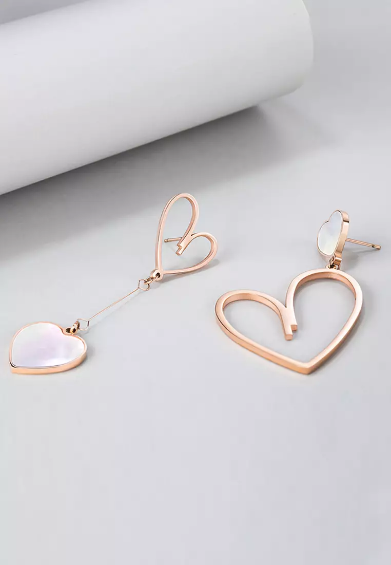 Open-Hearted MOP Shell Inlaid Asymmetrical Earrings Rose Gold Layered