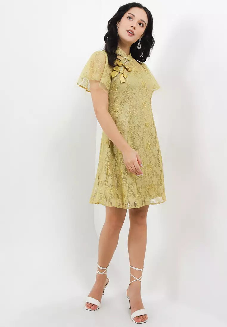 Ruffle Sleeve Mesh Detail Lace Shanghai Dress