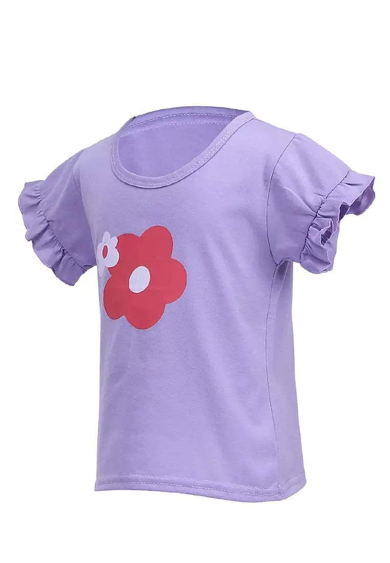 Chevelle Kaos Anak Perempuan Lengan Terompet Ruffle Tee Motif Bunga Material Cotton ORIGINAL - Purple