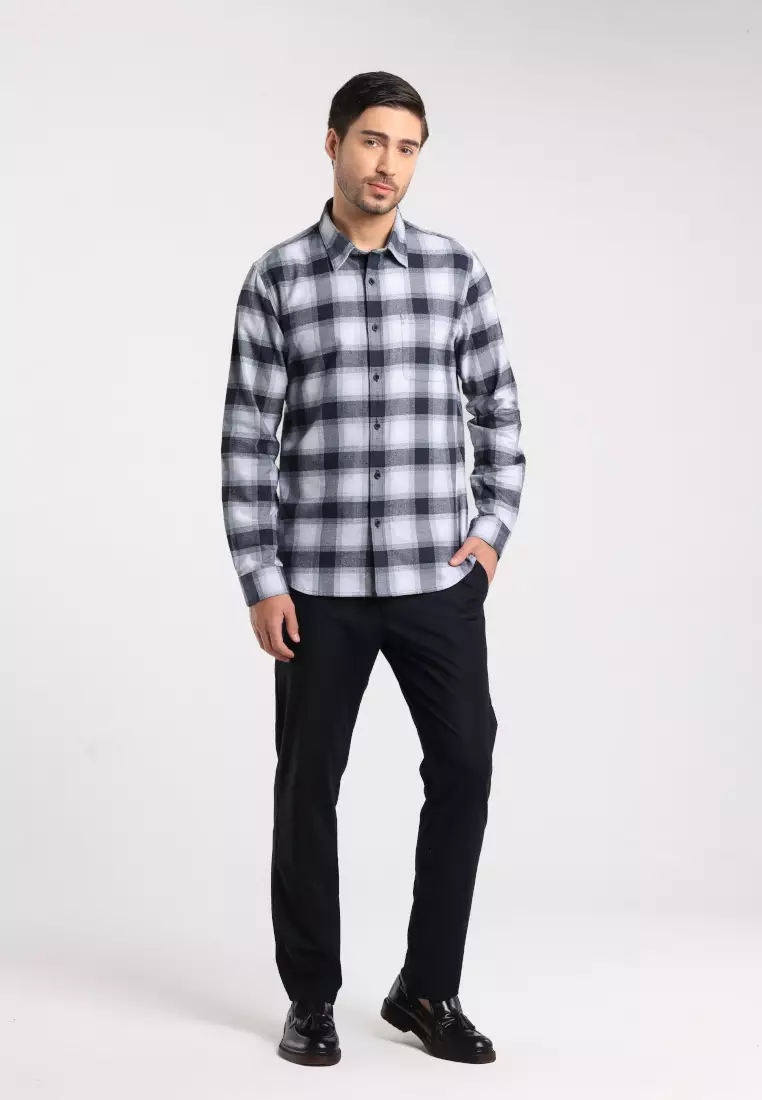 MOC - Kemeja Kotak-kotak Pria Lengan Panjang Barder - Black