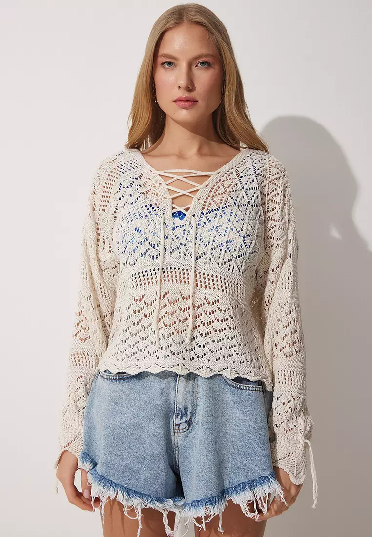Cross Drawstrings Summer Openwork Knitwear Sweater