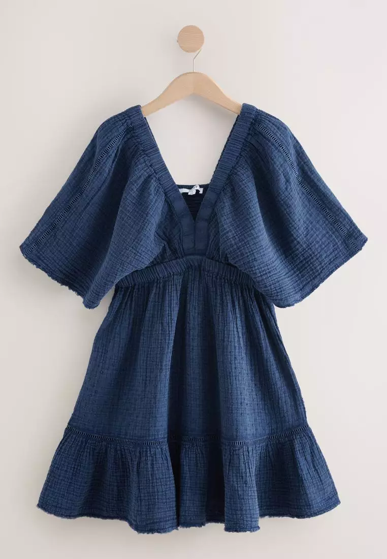 Textured V-Neck 100% Cotton Mini Dress