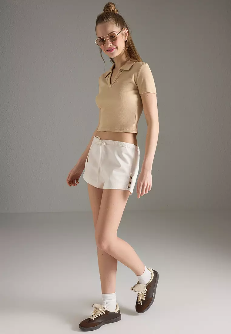 Ecru Weaving 100% Cotton Denim Beach Shorts TBESS25SR00014