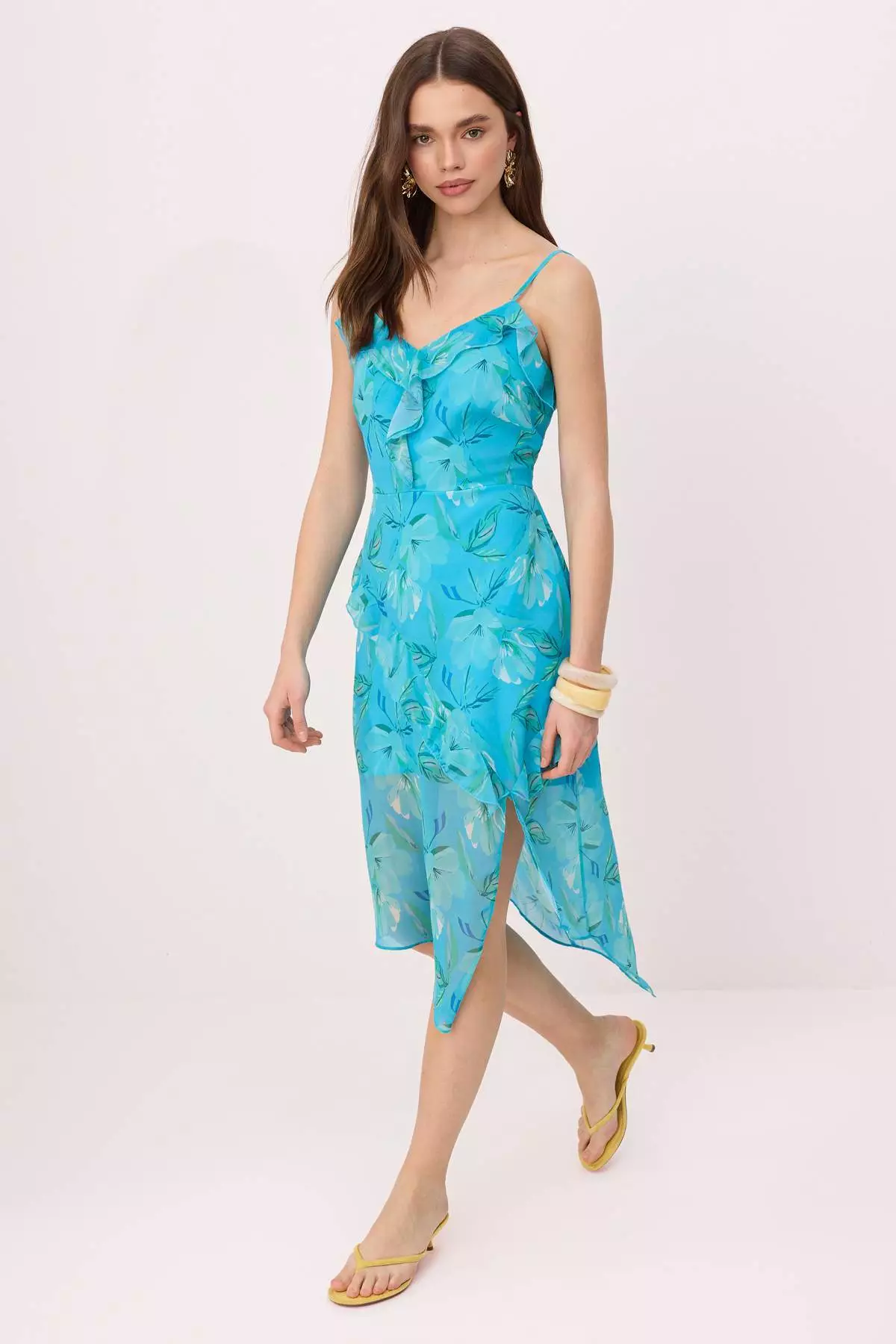 Blue-Multicolor Floral Ruffle Chiffon Lined Midi Woven Dress Twoss26El322