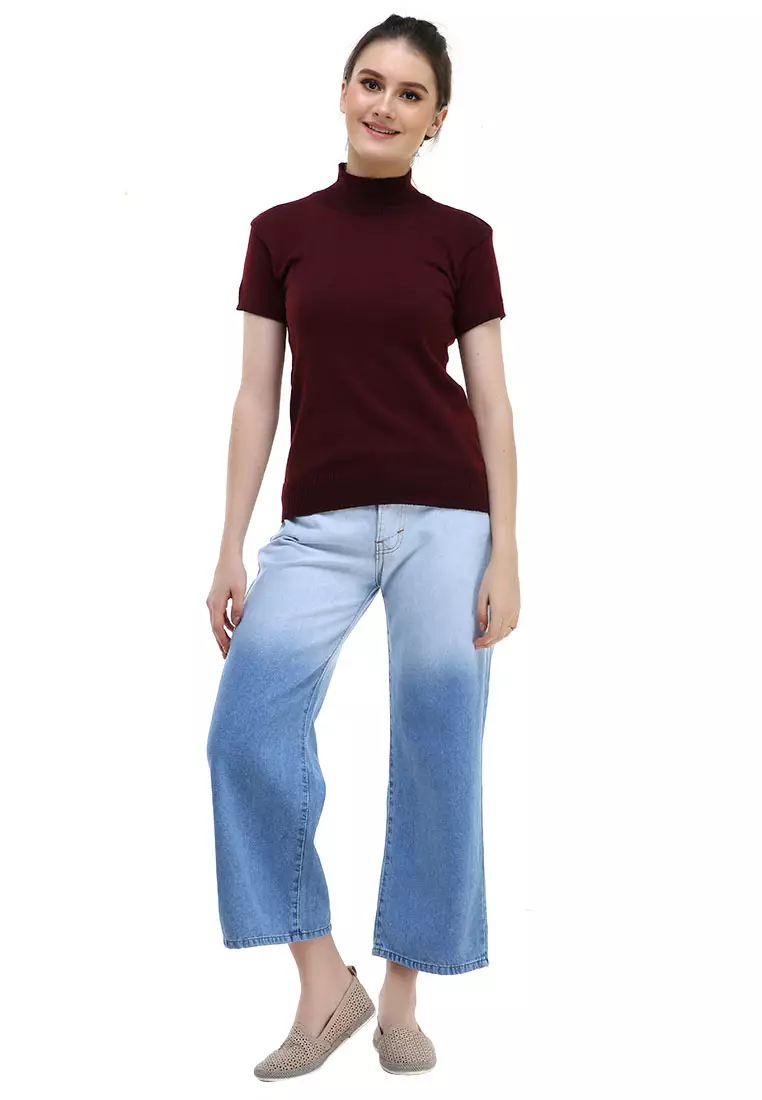 Earl Tshirt Lengan Pendek Turtleneck Design Simple Atasan Wanita - Maroon