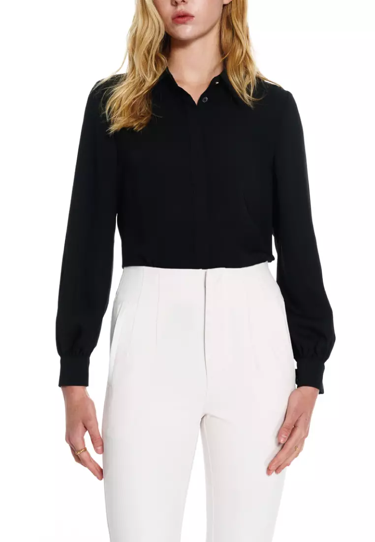 Black Pleated Cuffs Long Sleeve Top