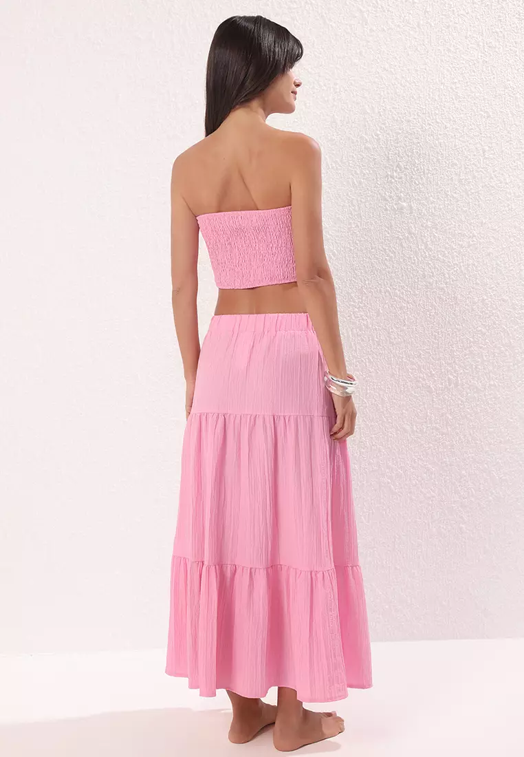 Pink Textured Strapless Textured Blouse Skirt Beach Suit Tbess25Au00045