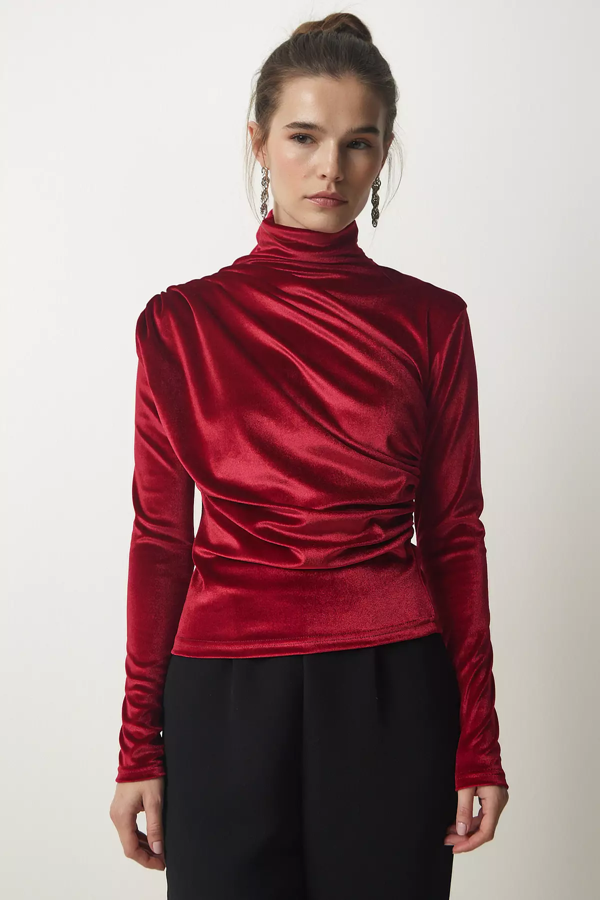 Women's Red Gathered Collar Stylish Velvet Blouse Ff00144