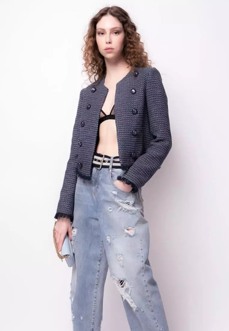 Buy Zalia Belted High Shoulder Tweed Jacket 2024 Online