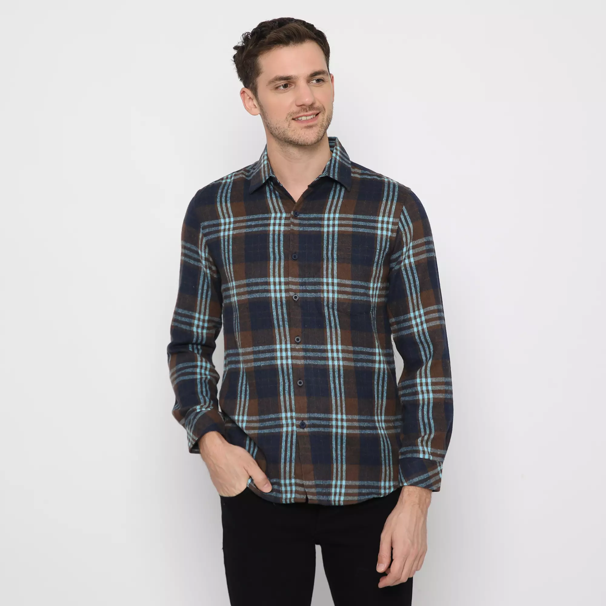 Platini Kemeja Pria Flanel Panjang Hitam Biru 76304