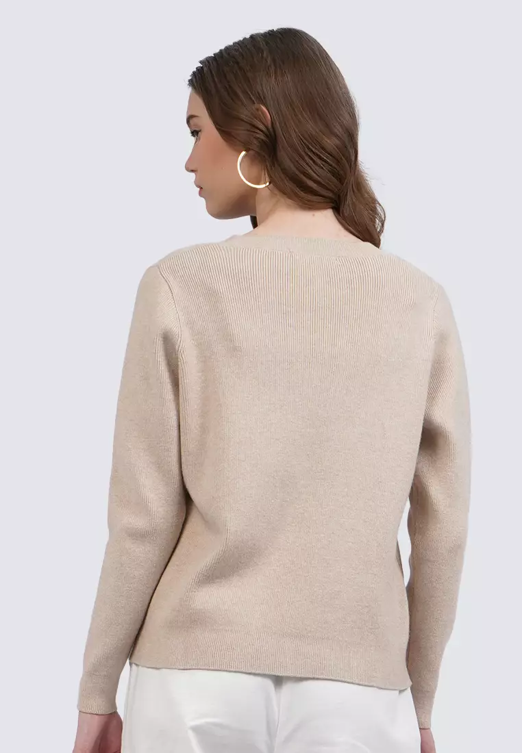 V-Neck Long Sleeve Sweater BEIGE