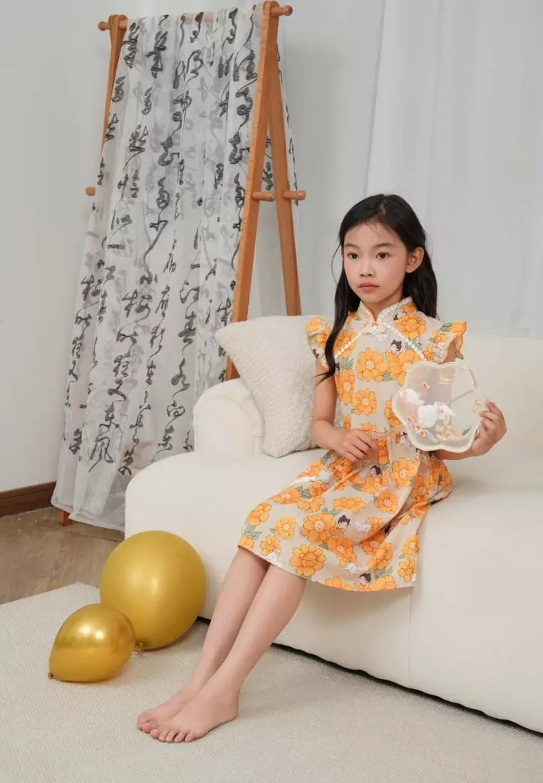 向日葵小女孩與貓嬰兒兒童女童旗袍連衣裙0846