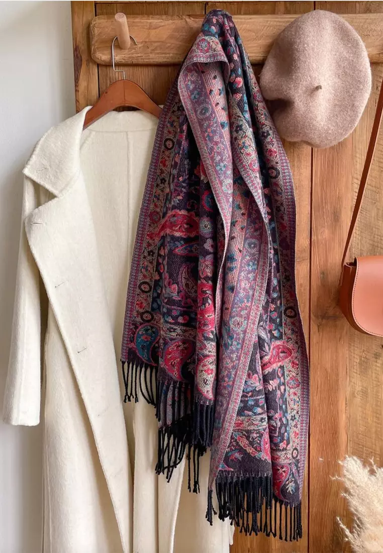 Syal Wanita Reversible Paisley Pattern Cashmere Pashmina Shawl Regal Maroon