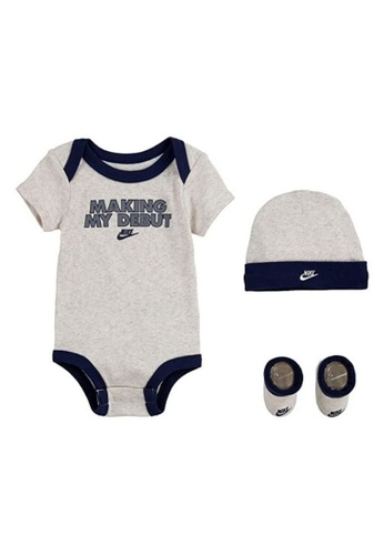 Nike grey Nike Unisex Newborn's Attitude Verbiage Bodysuit, Hat & Bootie Set (6 - 12 Months) - Pale Ivory Heather B94A7KA7CBFB09GS_1