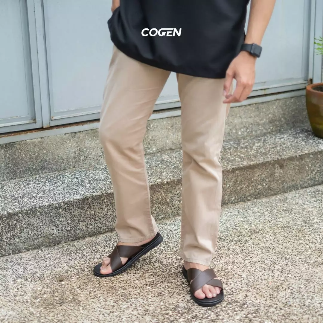 Sendal Slop Pria Kulit Cogen Sandal Kokop Tali Cowok Classic Brown + Feel Nufort