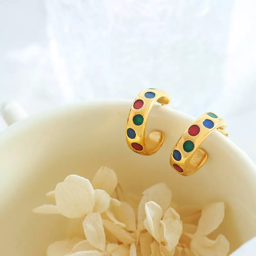 Glamorousky Gold Enamel Color Dot C-Shape Geometric Earrings Anting