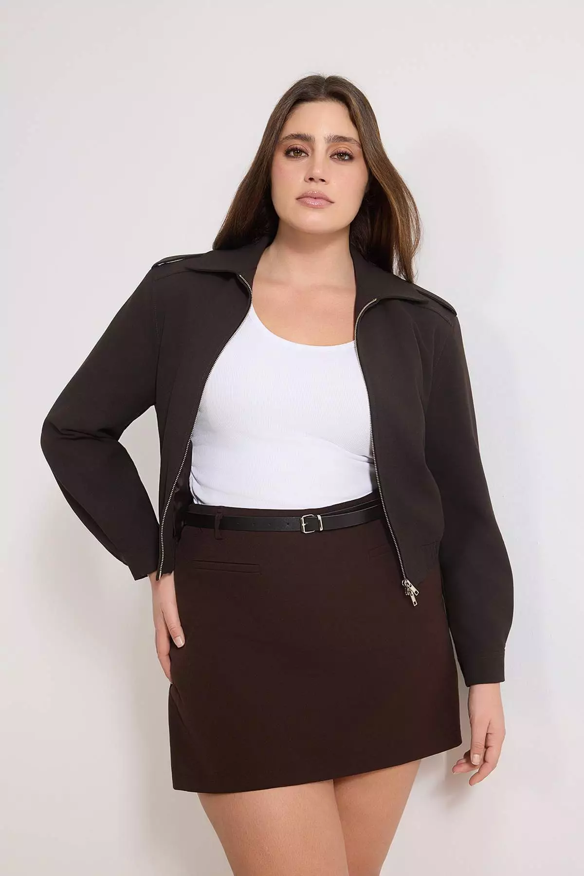 Brown Belted Mini Plus Size Woven Shorts Skirt Shorts & Bermuda Tbbaw26Ap00010