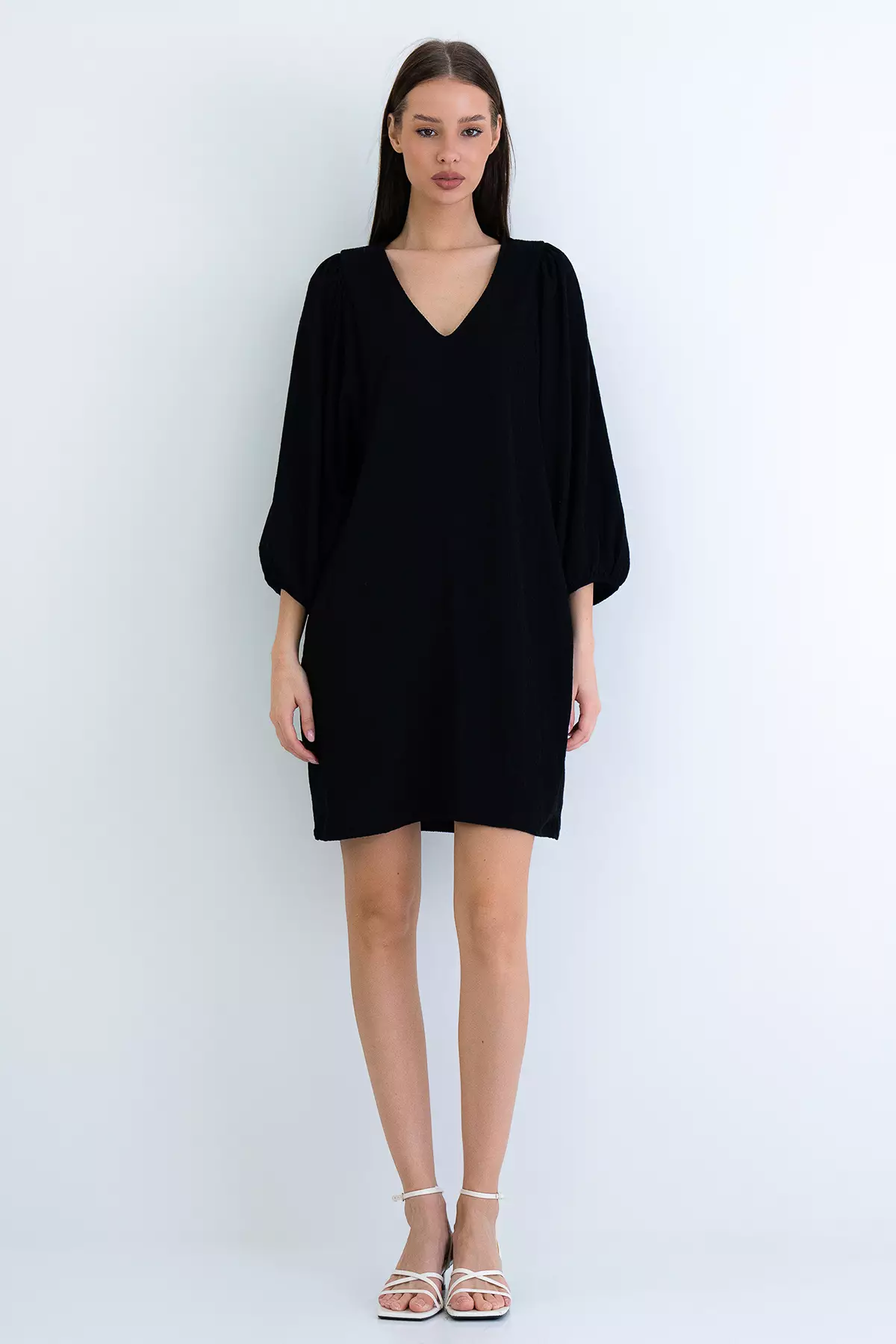 Black V-Neck Princess Sleeve Wrap Mini Dress Alc-X15160