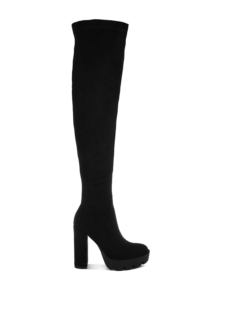 Black High Block Heeled Faux Suede Long Boots