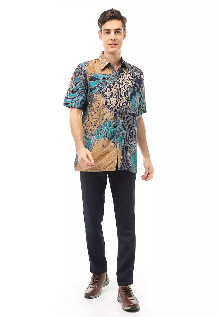 Kendrick Atasan Formal Kemeja Batik Pria Slim Fit Motif Cap Short Sleeve Material Cotton ORIGINAL - Tosca