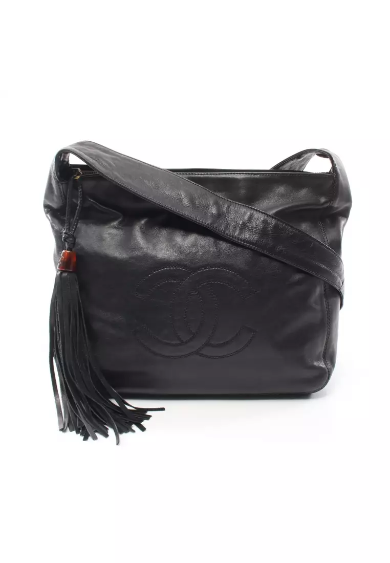 Chanel Pre-loved CHANEL coco mark Shoulder bag tote bag lambskin black  antique gold hardware fringe zipper 2023, Buy Chanel Online