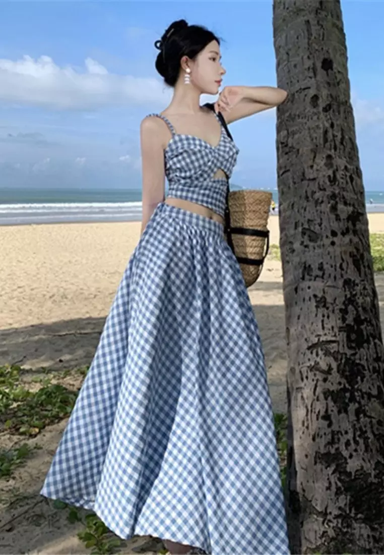 2025 New Blue and White Plaid Backless Bowknot Camisole Skirt Two-piece Dress K071104