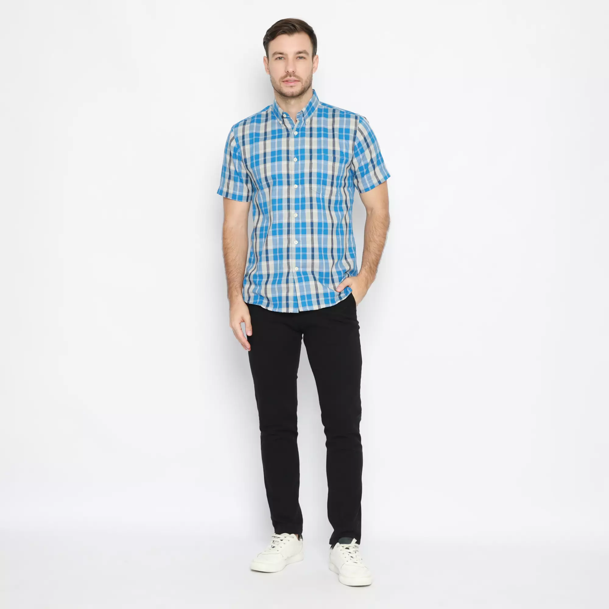 Platini Kemeja Pria Lengan Pendek Katun Kotak Biru 73245