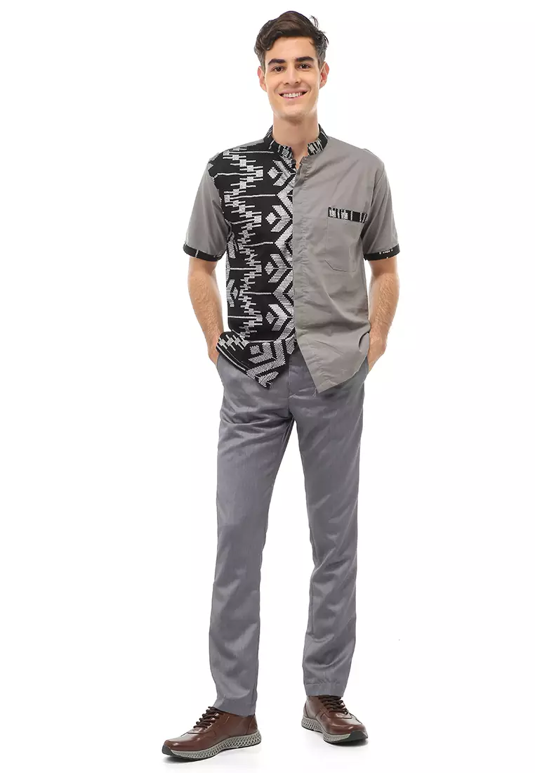 Dwan Atasan Formal Pria Kemeja Koko Batik Lengan Pendek Material Cotton ORIGINAL - Gray