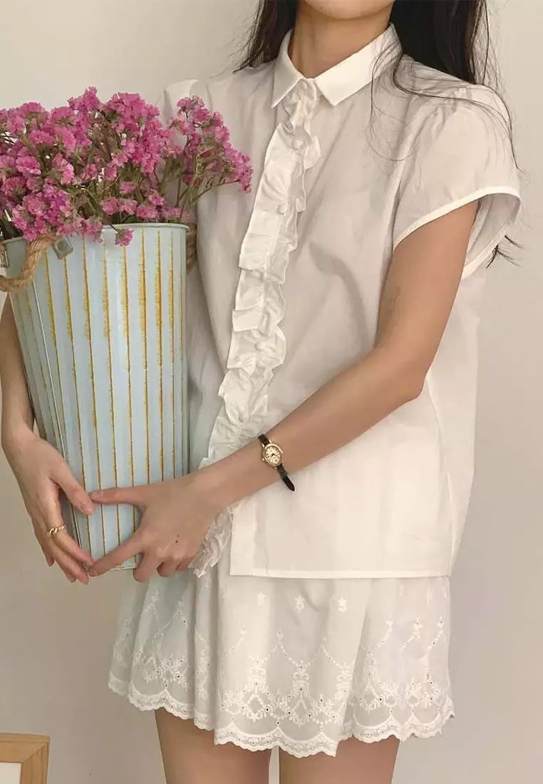 New arrival lapel lace casual short-sleeved top CA25060346W