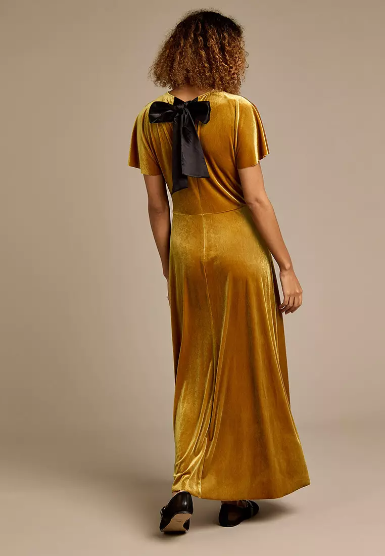 Hallie Gold Velvet Maxi Dress with Black Bow Detail