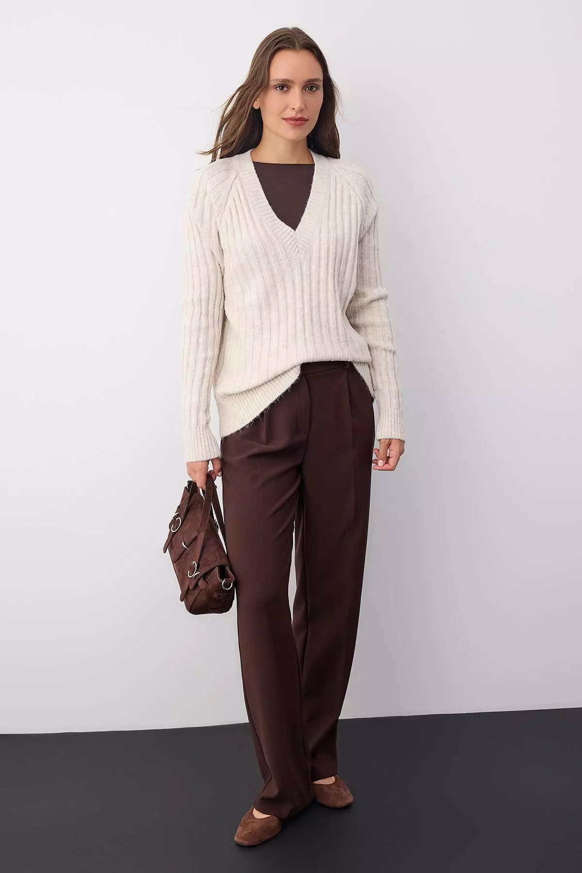 Wardrobe Essentials Stone Soft Textured Ribbed Knit Sweater