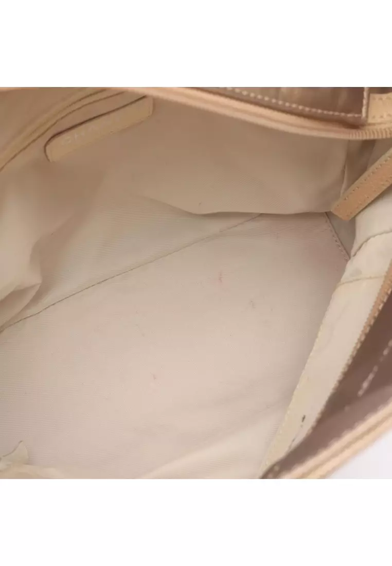 Pre-Loved Chanel Paris Biarritz PM Handbag tote bag Coated canvas leather Champagne Gold beige silver hardware