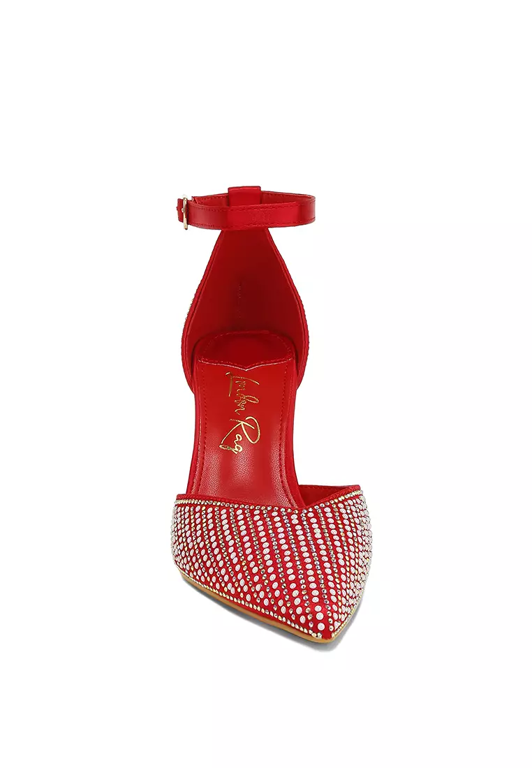 Sandal Stiletto Berhias Mutiara & Payet Warna Merah