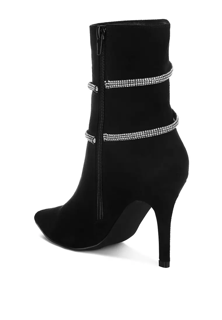 Rhinestone Wrap-Around Stiletto Boots in Black