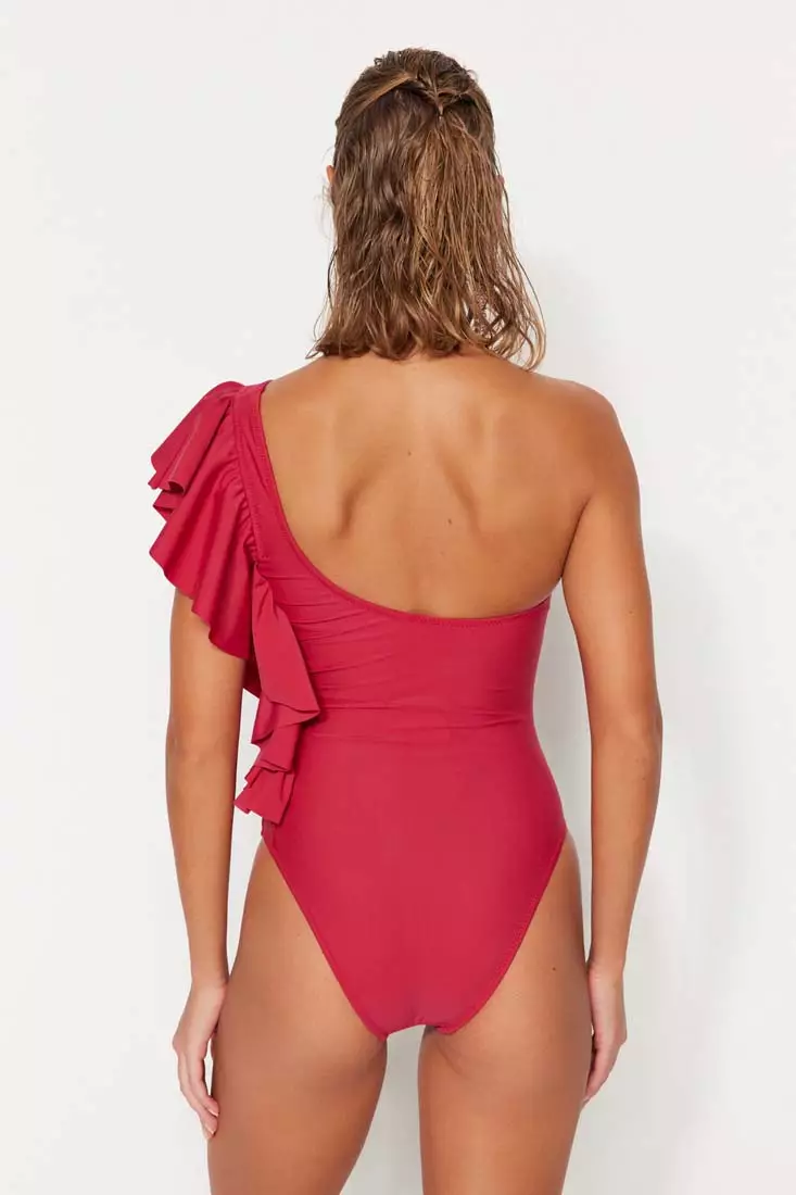 Red one shoulder swimsuit hot sale