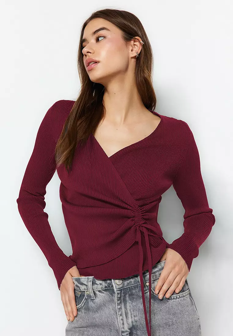 Burgundy Double Breasted Gather Detailed Knitwear Sweater