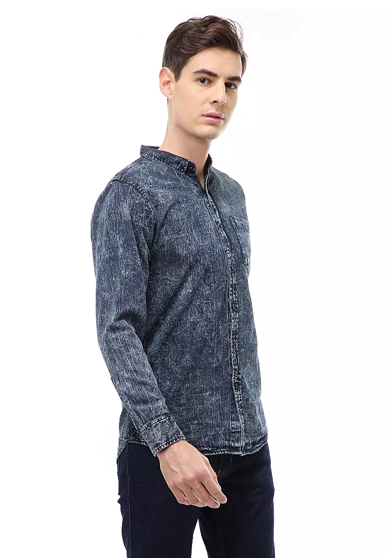 Dwan Atasan Kasual Kemeja Jeans Pria Slim Fit Lengan Panjang Material Denim ORIGINAL - Navy Wash