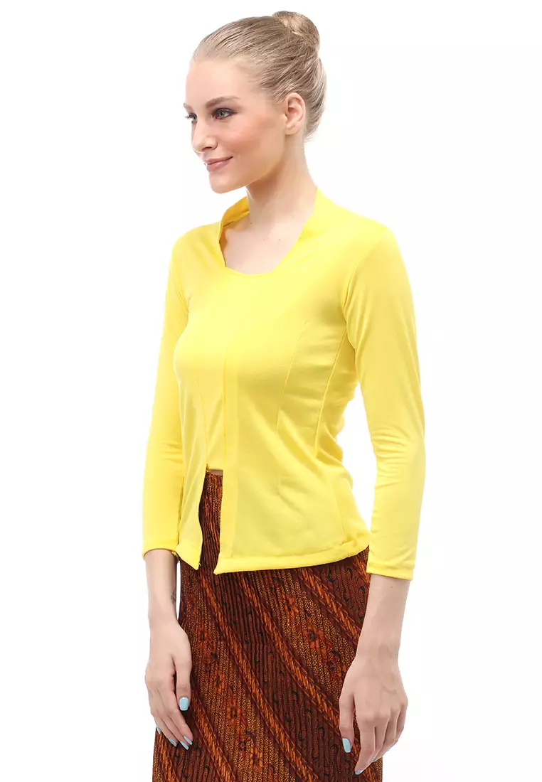 Kebaya Atasan Wanita Motif Solid Long Sleeves Slip On Style Design Casual Relaxed Fit - Kuning