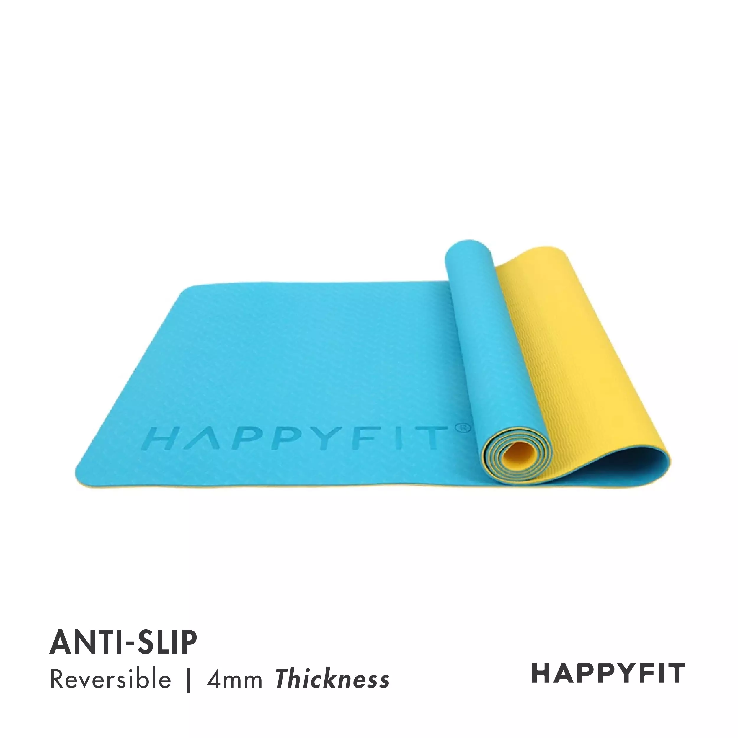 HAPPYFIT Yoga Mat Reversible TPE 4mm Free Strap Blue