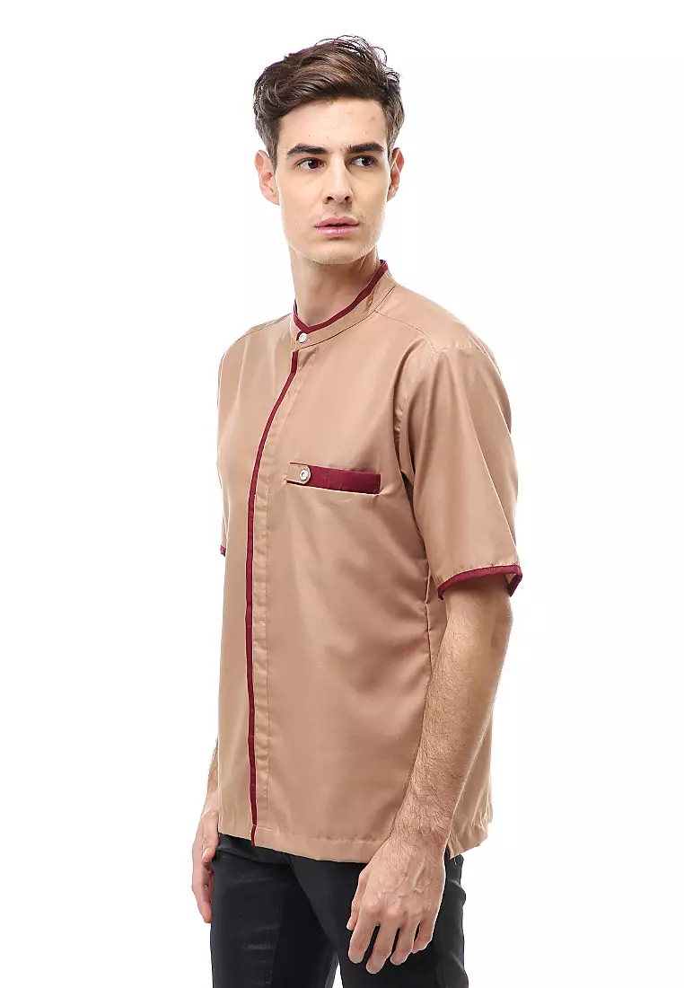 Dwan Atasan Formal Pria Kemeja Koko Polos Lengan Pendek Material Cotton ORIGINAL - Mocca
