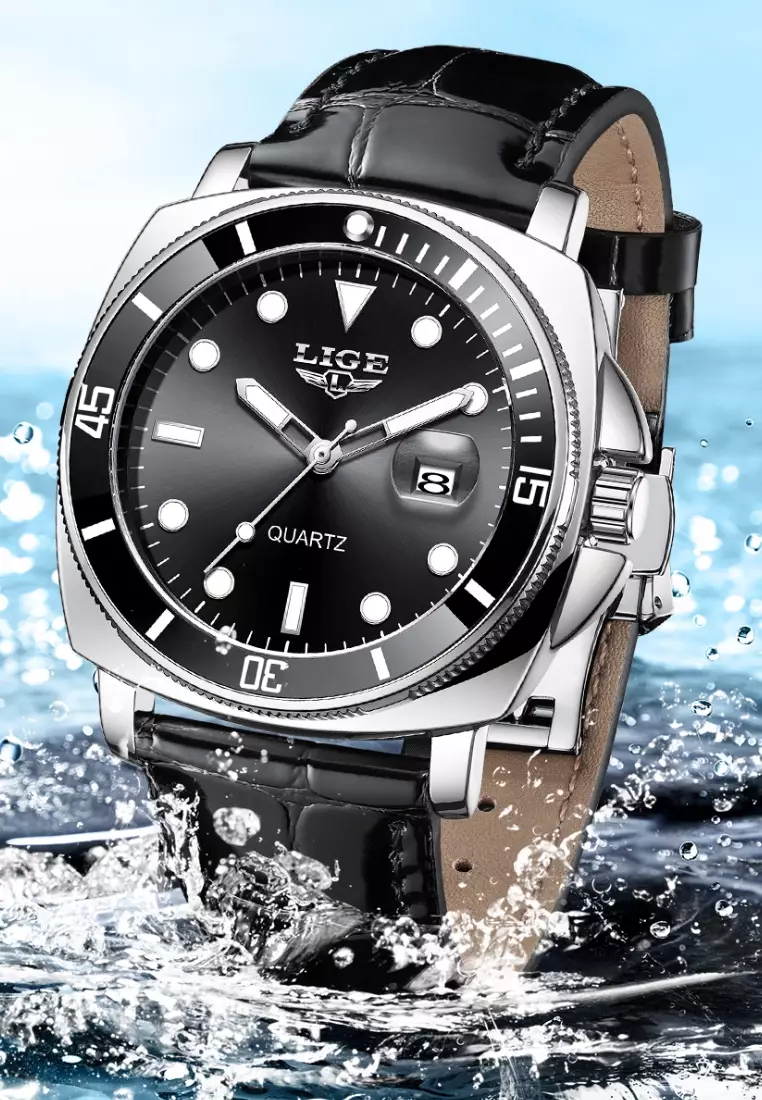 Unisex Classic Diver's Stainless Steel Quartz Watch with turning Bezel, Leather Strap