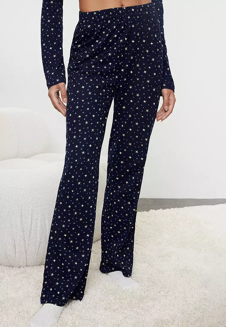 Navy Blue Galaxy Patterned Knitted Pajama Set