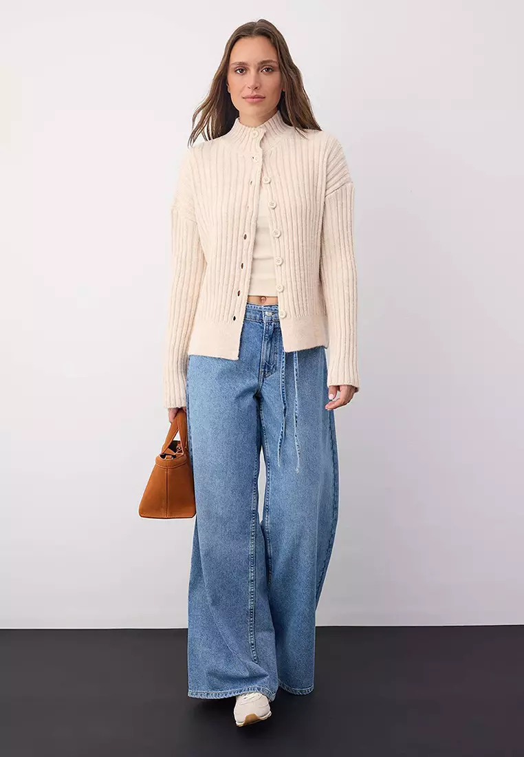 Wardrobe Essentials Stone Stand Collar Wide Fit Ribbed Soft Textured Knit Cardigan | Twoaw26Hi00091