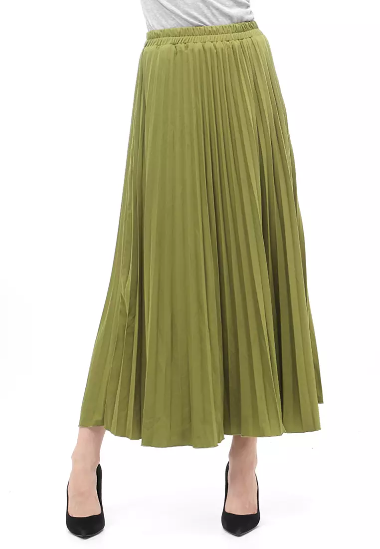 Skirt Plisket Bawahan Wanita Motif Polos Relaxed Fit - Army