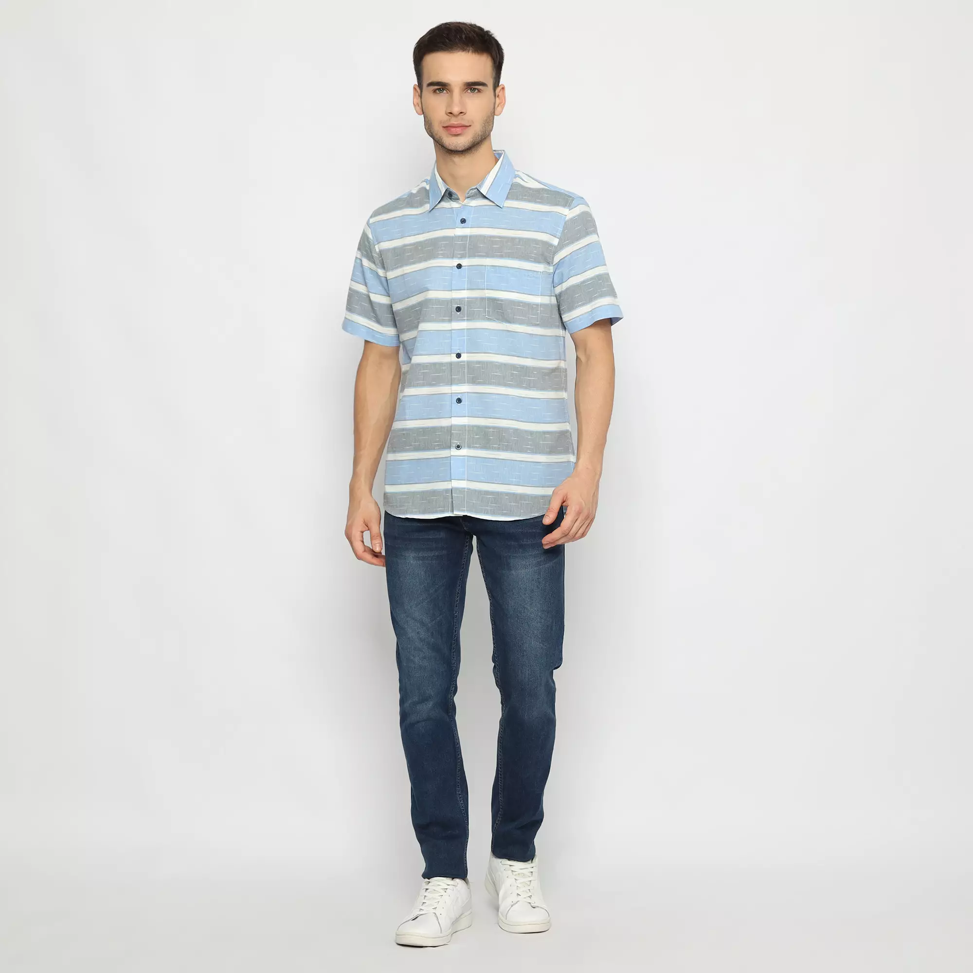 Platini Kemeja Motif Salur Pria Lengan Pendek Katun Biru Tua 73265