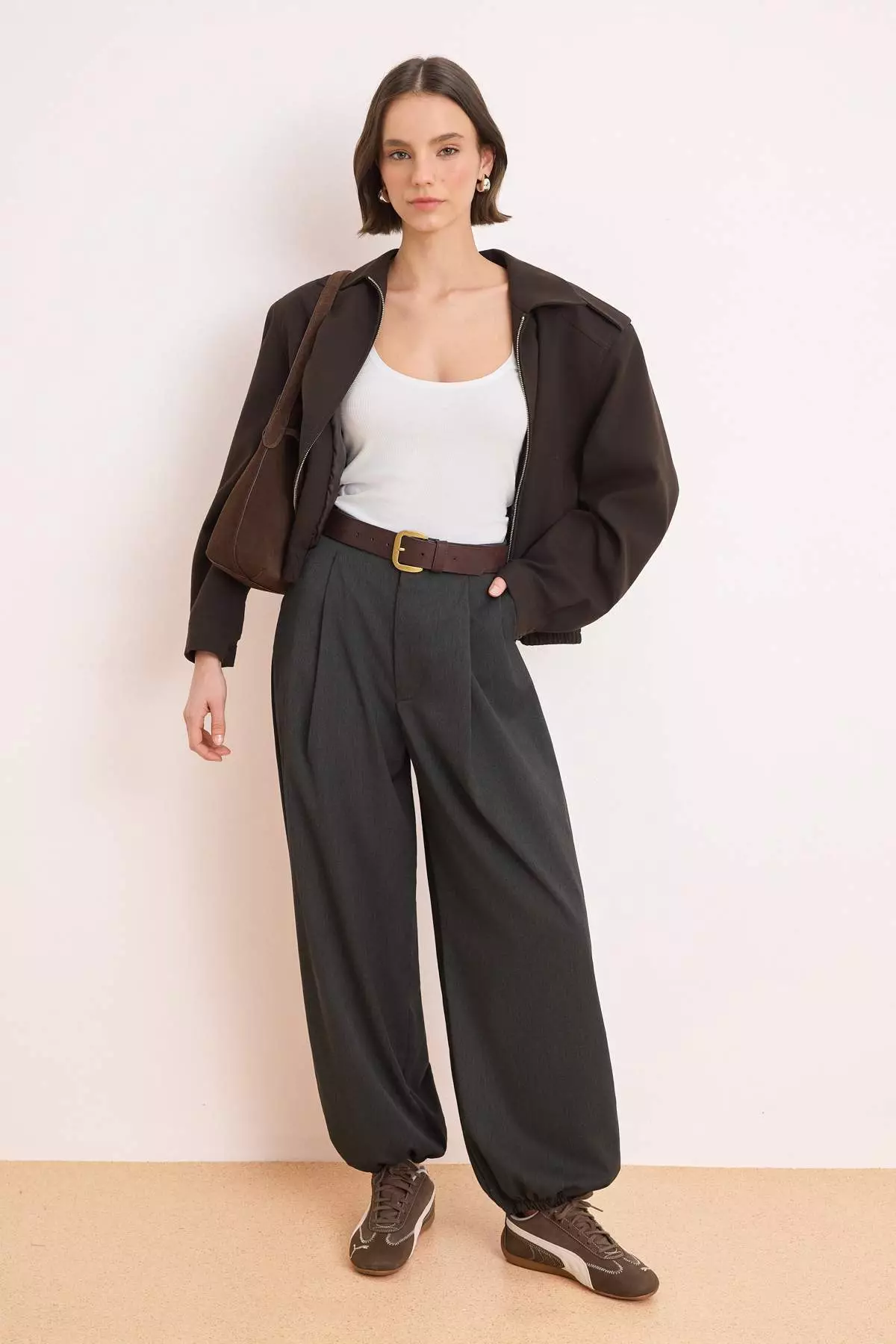 Anthracite High Waist Woven Shalwar Trousers Twoaw26Pl169