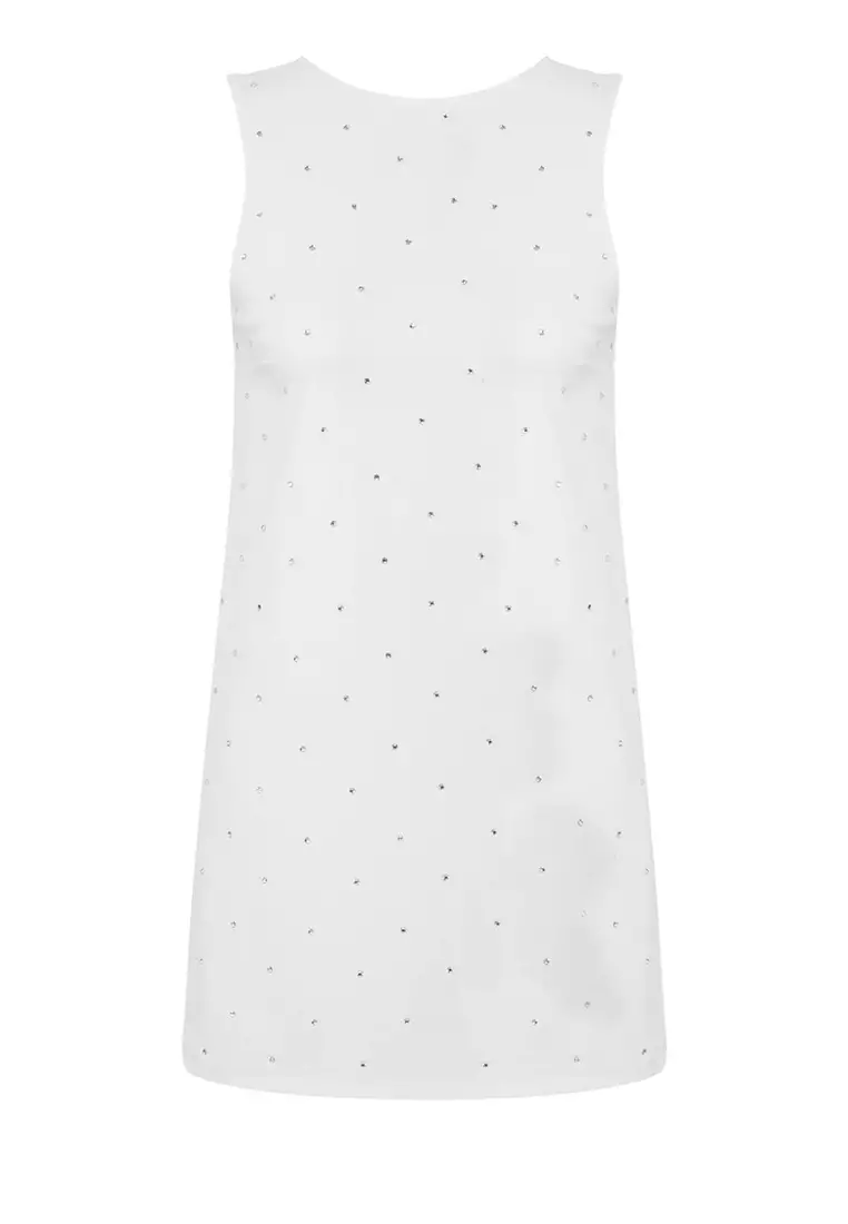 White Shiny Stone Printed Super Mini Dress Tpraw25El00192
