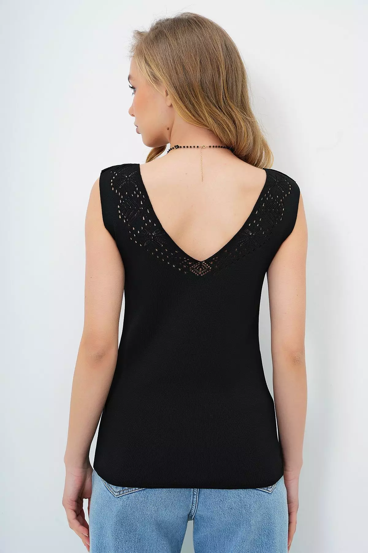 Women's Black Front Back V-Neck Openwork Summer Knitwear Blouse