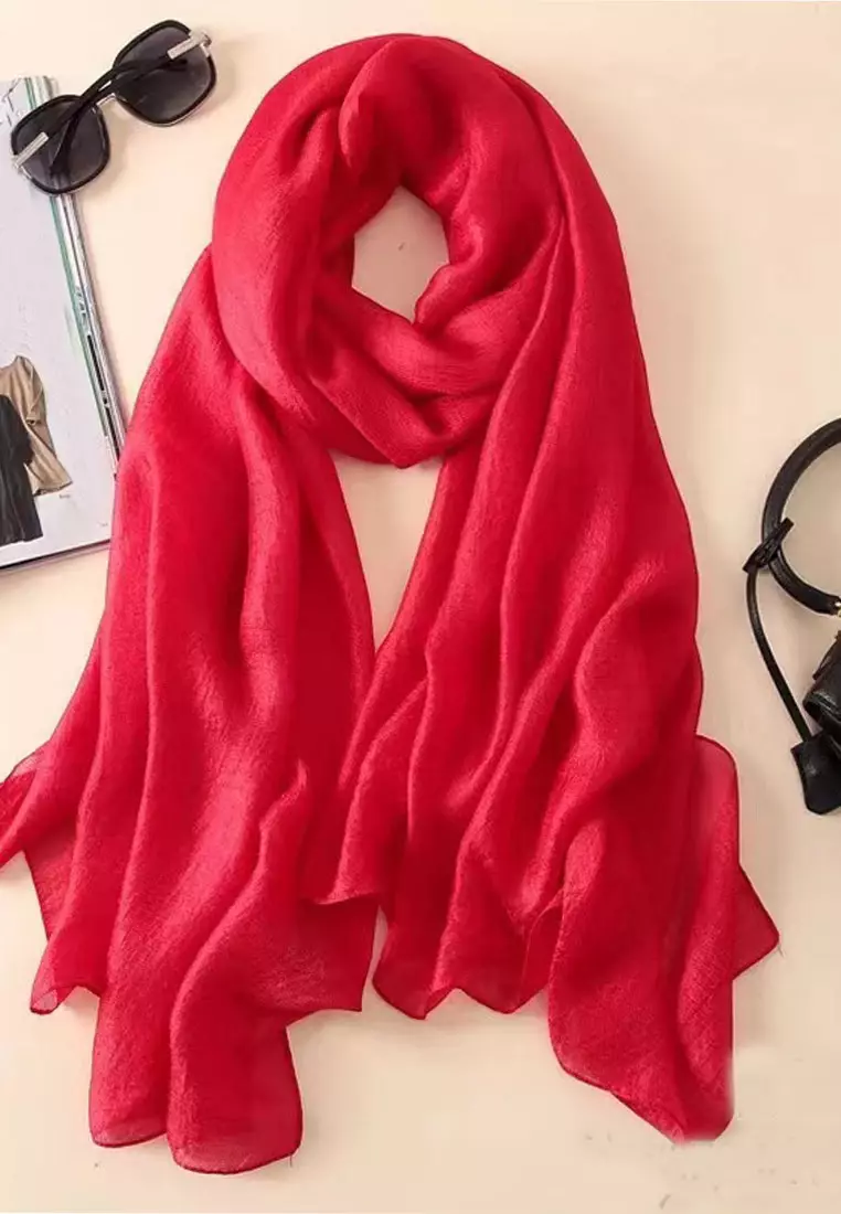 Women's Accessories Plain Silk-Feel Shawl Syal Wanita Sutra Polos Red