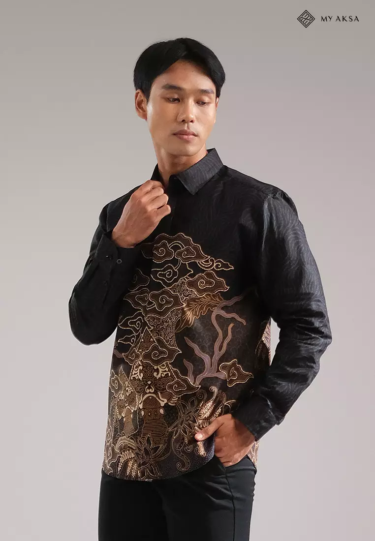 My Aksa Kemeja Batik Pria Lengan Panjang Trikot Mahaveer Black